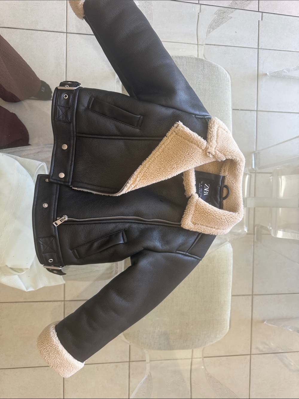 Zara Black Faux Leather Jacket with Cream Shearling Trim